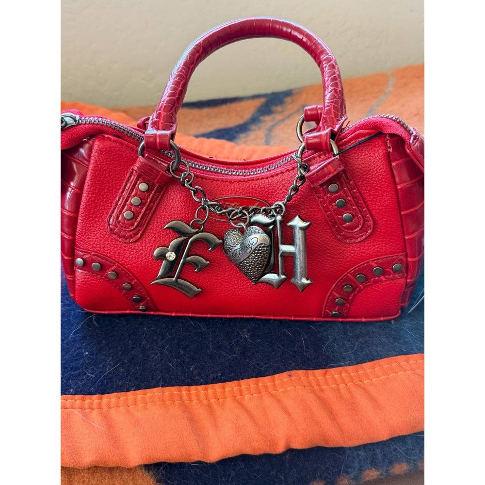 NWT Authentic Ed Hardy Satchel Bag Purse Studded Chain Logo Detachable Strap